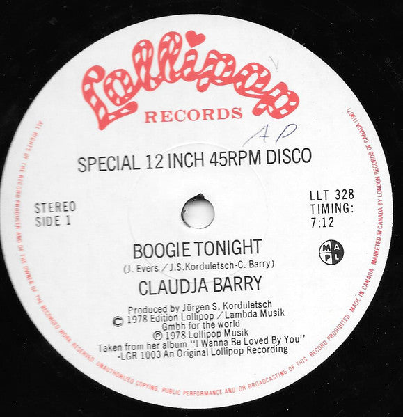 Claudja Barry - Boogie Tonight / Sunshine Love (Vinyle Usagé)