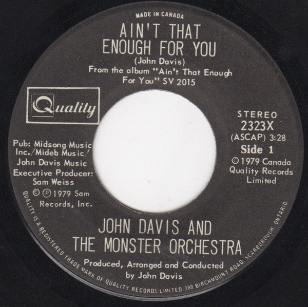 John Davis And The Monster Orchestra - Aint That Enough For You / Disco Fever (45-Tours Usagé)