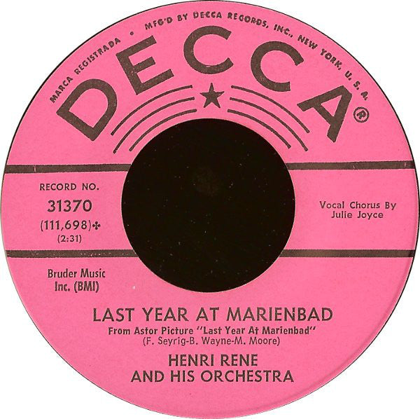 Henri Rene And His Orchestra - Last Year At Marienbad / Marianne (45-Tours Usagé)