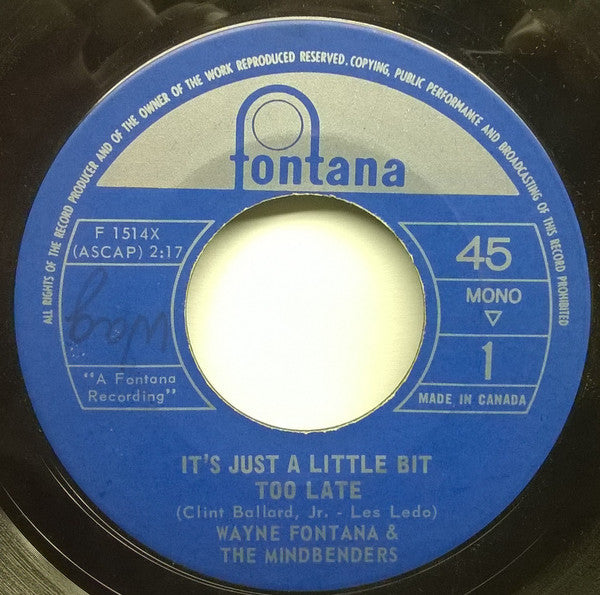 Wayne Fontana And The Mindbenders - Its Just A Little Bit Too Late / Long Time Comin (45-Tours Usagé)