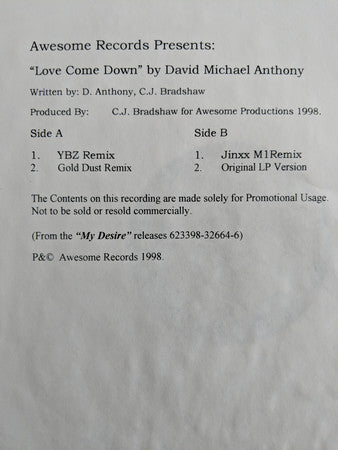 David Michael Anthony - Love Come Down (Vinyle Usagé)