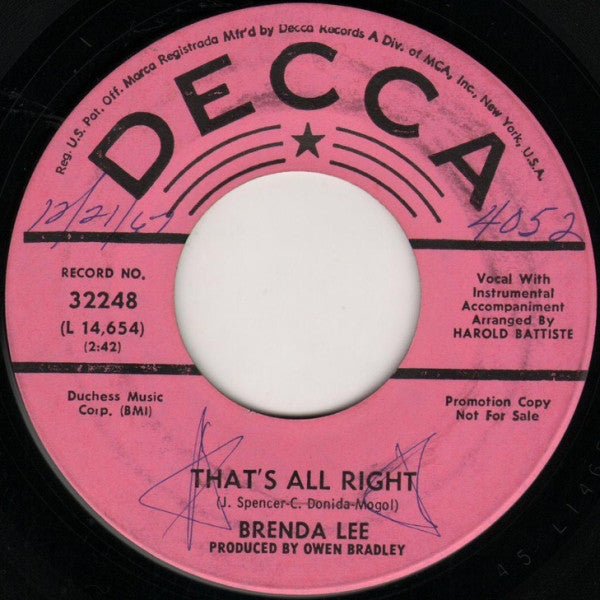 Brenda Lee - Thats All Right (45-Tours Usagé)