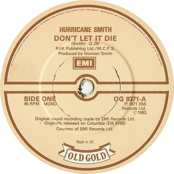 Hurricane Smith - Dont Let It Die / Oh Babe What Would You Say (45-Tours Usagé)