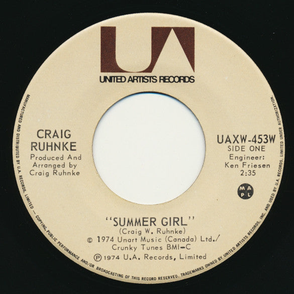 Craig Ruhnke - Summer Girl (45-Tours Usagé)