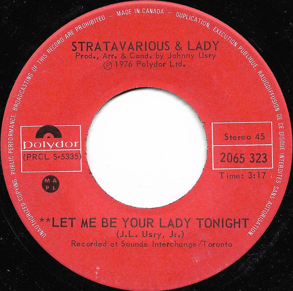 Stratavarious And Lady (2) - Let Me Be Your Lady Tonight (45-Tours Usagé)