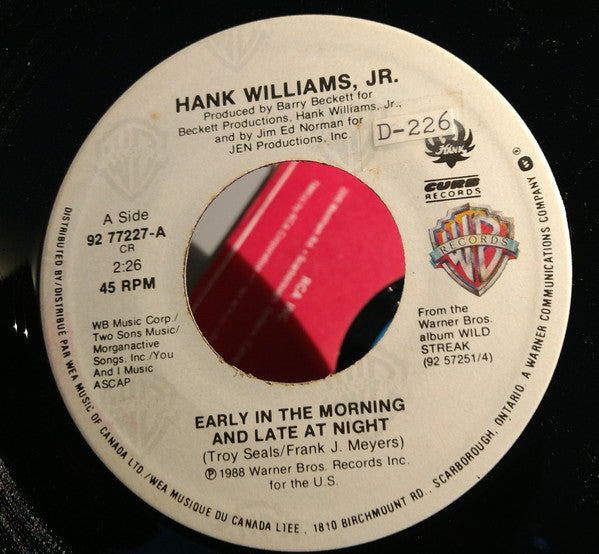 Hank Williams Jr - Early In The Morning And Late At Night (45-Tours Usagé)