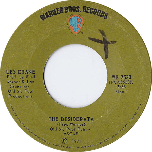 Les Crane - The Desiderata / A Different Drummer (45-Tours Usagé)