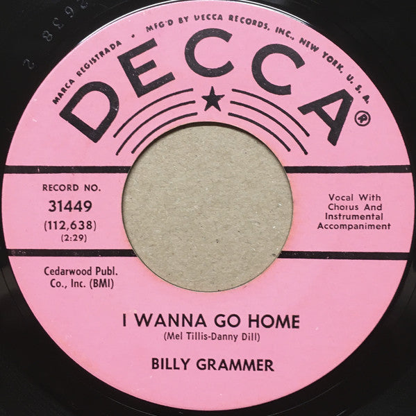 Billy Grammer - I Wanna Go Home / The Bottom Of The Glass (45-Tours Usagé)